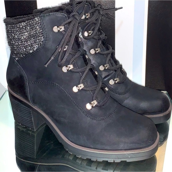 BareTraps Chunky Heeled Winter Heeled Work Boots Sz 9 Women’s Black Faux Leather - Picture 1 of 9